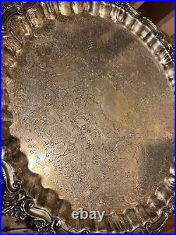 Vintage Hallmarked Large Round 21 Silver Plate With Floral & Leaf Decor