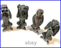 Vintage Hand Carved Set 4 Monkeys Hear Speak See No Evil Philippines MCM Decor