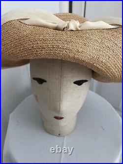 Vintage Jack Mconnell Straw Hat Large Brim White Grosgrain Ribbon Trim 21 1/2