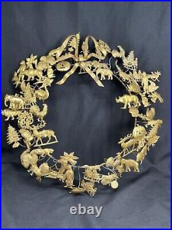 Vintage LARGE DRESDEN Brass HOLIDAY WREATH Animals Antique Bow Metal MCM