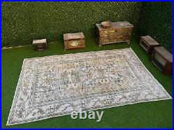 Vintage Large Hand-Knotted Carpet 5x8 Yellow Wool Traditional Area Rug Muted