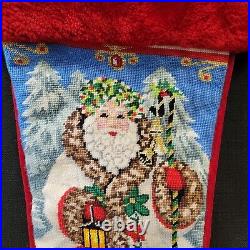 Vintage Large Hand Worked Needlepoint Santa Christmas Stocking W Jingle Bells