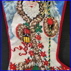 Vintage Large Hand Worked Needlepoint Santa Christmas Stocking W Jingle Bells