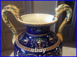 Vintage Large Polychrome Gien Vase Renaissance Earthenware Lid Blue Dolphins Old