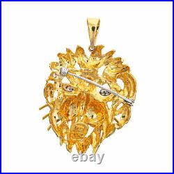 Vintage Lion Pendant Large Head Diamond Eyes 18k Yellow Gold Animal Jewelry