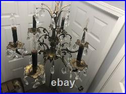 Vintage Ornate 6-Arm Brass Candlestick Chandelier with 60 Crystal Prisms
