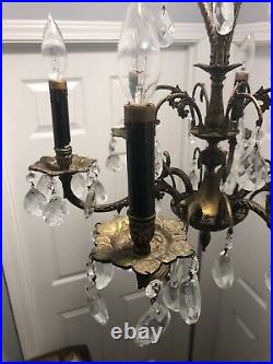Vintage Ornate 6-Arm Brass Candlestick Chandelier with 60 Crystal Prisms