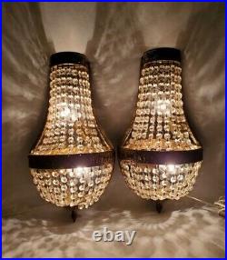 Vintage Pair French Empire Crystal Chain Brass Wall Sconce Lights Portugal 16