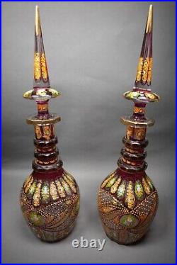 Vintage Pair Large Bohemian Cranberry Glass & Enamel Hand Cut Persian Decanters