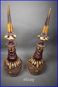Vintage Pair Large Bohemian Cranberry Glass & Enamel Hand Cut Persian Decanters