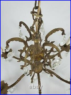 Vintage Solid Brass 6 Arm Crystal Chandelier Ceiling Fixture French Italian
