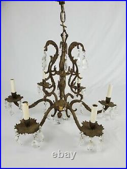 Vintage Solid Brass 6 Arm Crystal Chandelier Ceiling Fixture French Italian