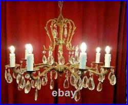 Vintage Spain French Empire Art Nouveau Brass Crystal 8 Arm Light Chandelier