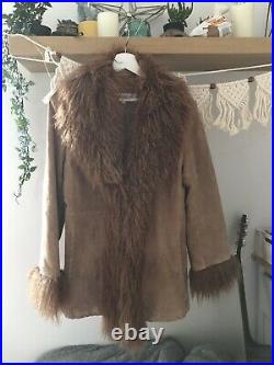 Vintage Suede Mongolian Fur Afghan Coat Jacket L 12 14 Simone Almost Famous