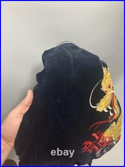 Vintage Sukajan Jungle Storm Dragon Japan Souvenir Velvet Black Jacket Size L