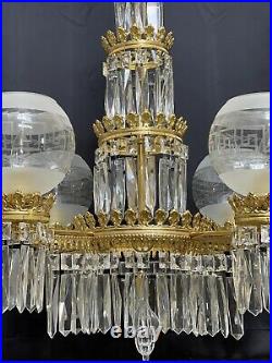 Vintage Victorian Crystal Brass Gasolier Style Chandelier Wedding Cake Greek Key