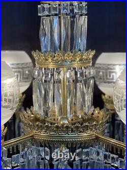 Vintage Victorian Crystal Brass Gasolier Style Chandelier Wedding Cake Greek Key