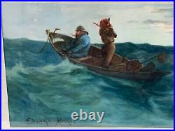 Vintage Watercolor Seascape Fishermen at Sea Manner of Edward Moran Oak Frame
