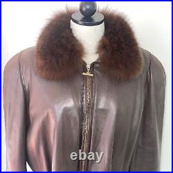 Vintage Womens Leather Jacket Brown Size Large Buttery Custom Made Fur Collar