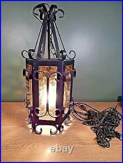 Vintage Wrought Iron Large Hanging Light Spanish Gothic Style Amber Glass Panels