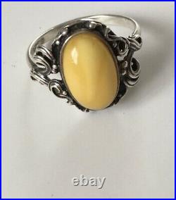 Vintage large Eggyolk Amber Sterling Silver Ring