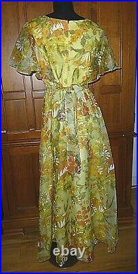 Vtg 70s Chiffon Organza Floral Boho Hippie Prairie Wedding Party Maxi DRESS