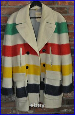 Vtg 70s Hudson's Bay Striped 3Point Wool Blanket Belted Winter Coat Jacket L