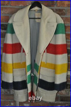 Vtg 70s Hudson's Bay Striped 3Point Wool Blanket Belted Winter Coat Jacket L