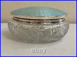 Vtg Antique Large Cut Glass Powder Jar with Sterling Silver Guilloche Enamel Lid