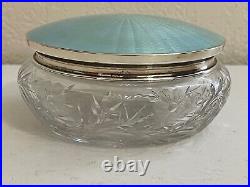 Vtg Antique Large Cut Glass Powder Jar with Sterling Silver Guilloche Enamel Lid