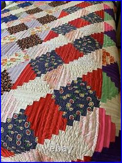 Vtg Hand Stitched Vintage Quilt Courthouse Steps 82x 72 Full Size 1960's Boho