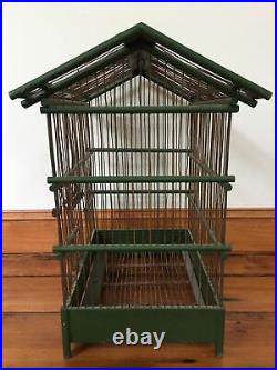 Vtg LARGE 19 Antique Victorian Boho Green Wood Rustic Metal Wire Bird Cage