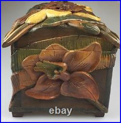 Vtg Large 20 Hand Carved Painted Wood LILY FLOWER Antique Locking Chest Trunk