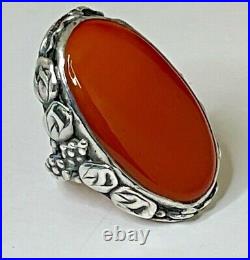 Vtg Large Antique ARTS & CRAFTS SILVER LEAVES CARNELIAN RING size 5 105.4grms