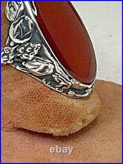 Vtg Large Antique ARTS & CRAFTS SILVER LEAVES CARNELIAN RING size 5 105.4grms