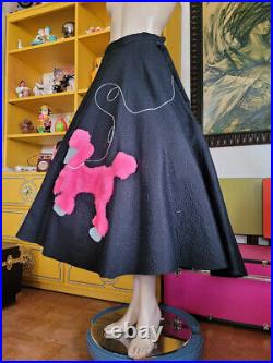 Vtg Large Black 50s Hot Pink Felt Rhinestone Poodle Circle Rockabilly Skirt L