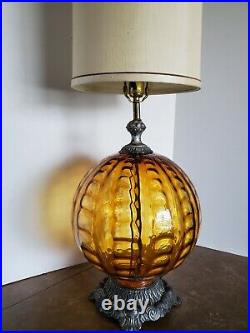 Vtg Mid Century Modern Amber Optic Glass Globe Table Lamp Hollywood