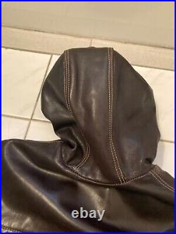 Vtg RUGBY winter leather hoodie dark brown jacket coat sz large