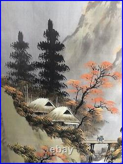 Vtg Signed Asian Art Painting Silk Scroll 34 Man Bridge Waterfall Mountain READ