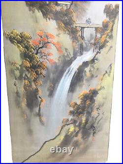 Vtg Signed Asian Art Painting Silk Scroll 34 Man Bridge Waterfall Mountain READ
