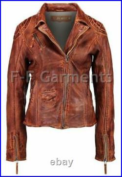 Women's Distressed Antique Brown Cafe Racer Vintage Biker Leather Jacket