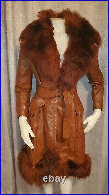 Womens size 10 brown Leather Fur Coat Vintage 1980s Medium BEAUTIFUL